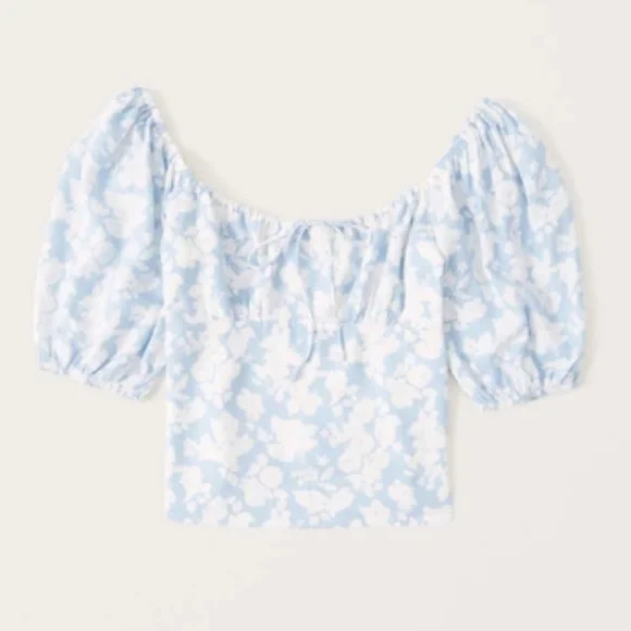 Abercrombie Blue and White Floral Linen Puff Sleeve Corset Blouse size Medium - Picture 1 of 12